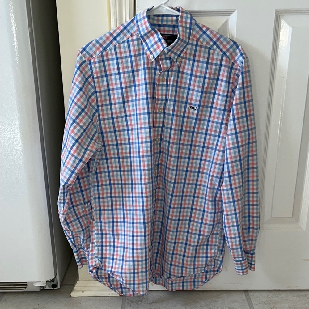 Vineyard Vines Whale Pink And Blue Plaid Button Down Shirt In Medium